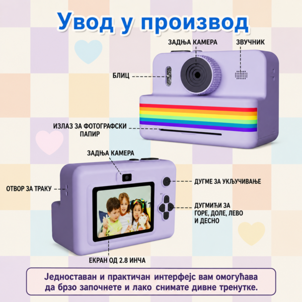 Плава дечја инстант камера са функцијом штампања и картицом од 32gb