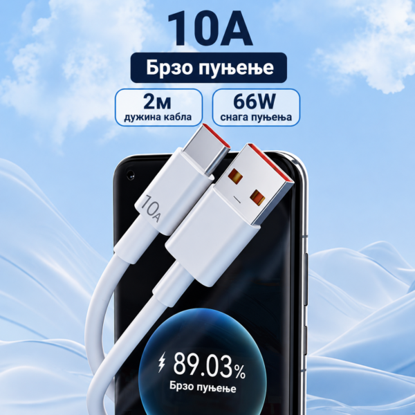 Брзи УСБ на Тип Ц кабл за пуњење 66w 10a дужине од 2 метра.