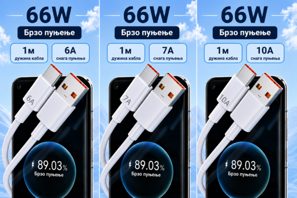 Brzi USB na Tip C kabl za punjenje 66w 6a dužine od 1 metar.