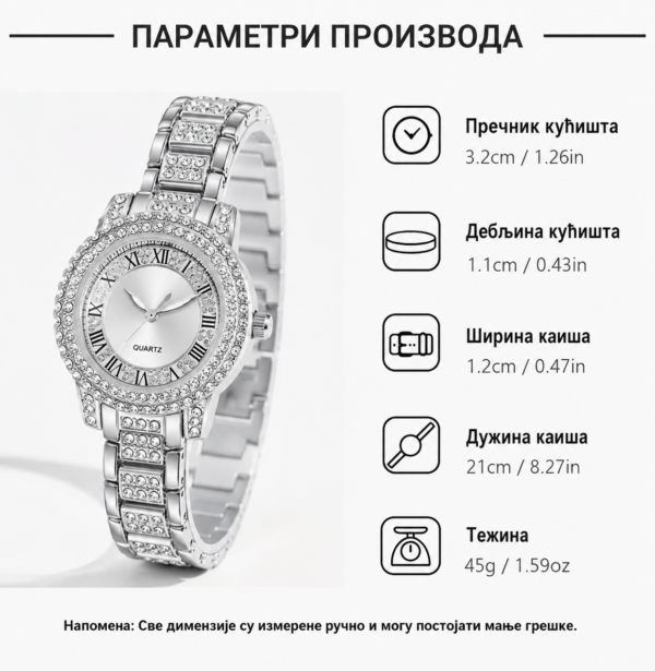 Женски сет накита у боји сребра са луксузним кристалима и сатом