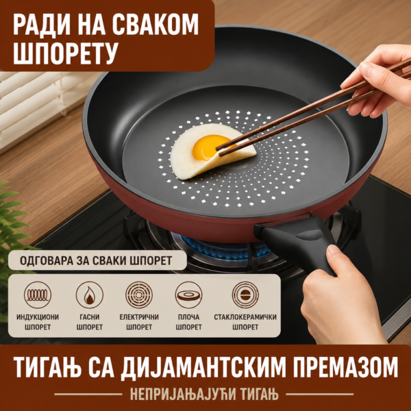 Нелепљиви Дијамант тигањ од 24цм погодан за све врсте шпорета