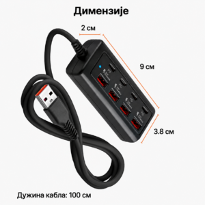 Брзи пуњач 25w, кабл 1m, 4x type c и 4x usb порта