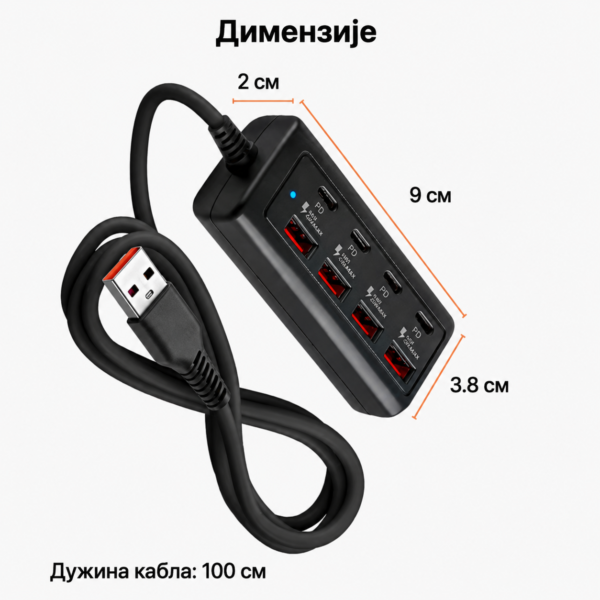 Брзи пуњач 25w, кабл 1m, 4x type c и 4x usb порта Брзи пуњач 25w, кабл 1m, 4x type c и 4x usb порта