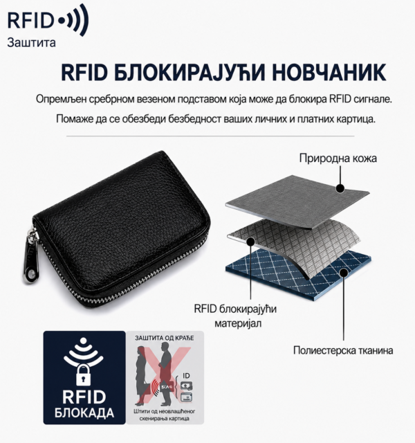 Браон новчаник од праве коже са сигурном rfid заштитом