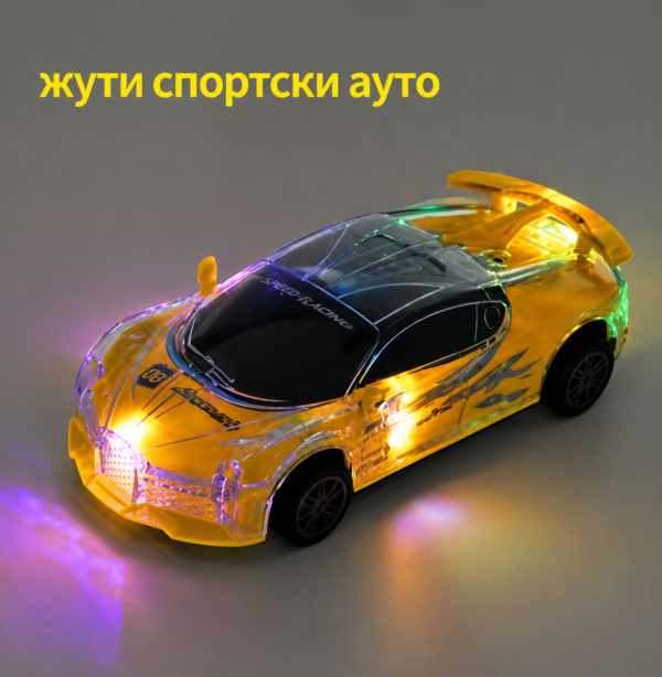 Жути спортски ауто играчка са светлом и звуком, инерција.