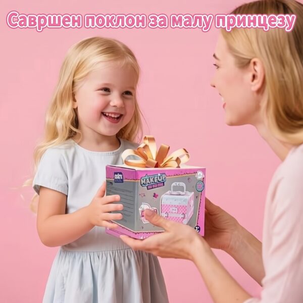 Дечији козметички сет у розе-белом коферчићу са огледалом, сенкама, карминима, лаковима и шминкерским аксесоарима за мале даме!