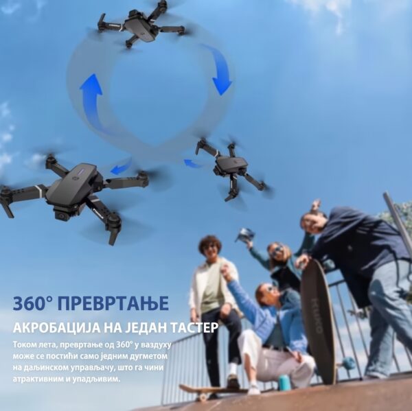 Склопиви „E88 Pro” дрон са двоструком камером, 360° превртањем, одржавањем висине и контролом преко апликације за врхунску авантуру у ваздуху!