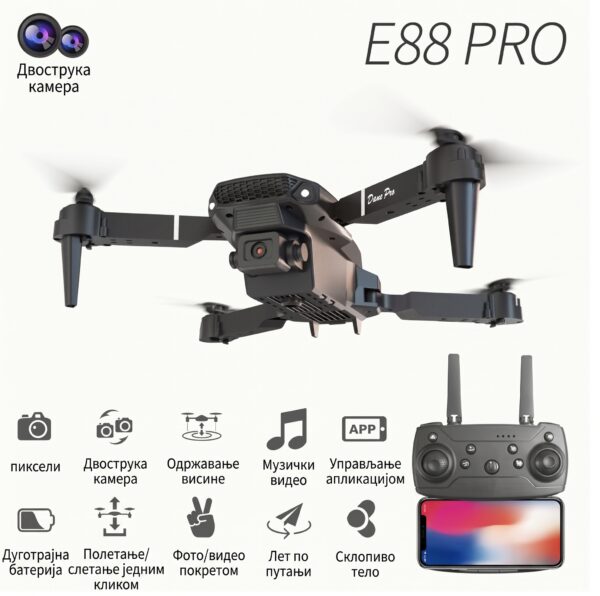 Склопиви „E88 Pro” дрон са двоструком камером, 360° превртањем, одржавањем висине и контролом преко апликације за врхунску авантуру у ваздуху!